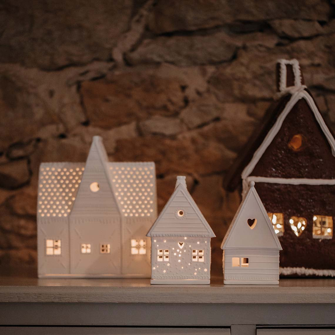 Décorations de Noël - Maison lumineuse en porcelaine | Lebkuchenhaus Herz - Räder